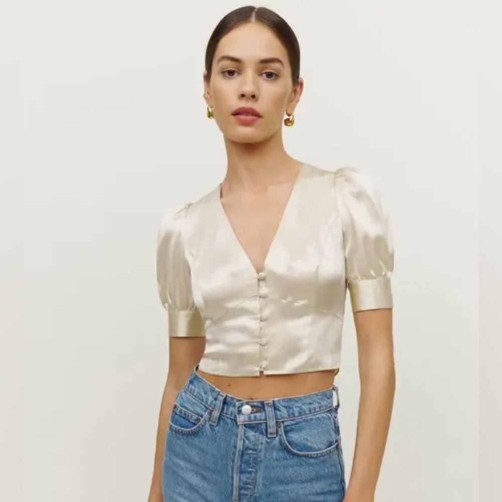 Reformation Cream Satin V-Neck Crop Blouse